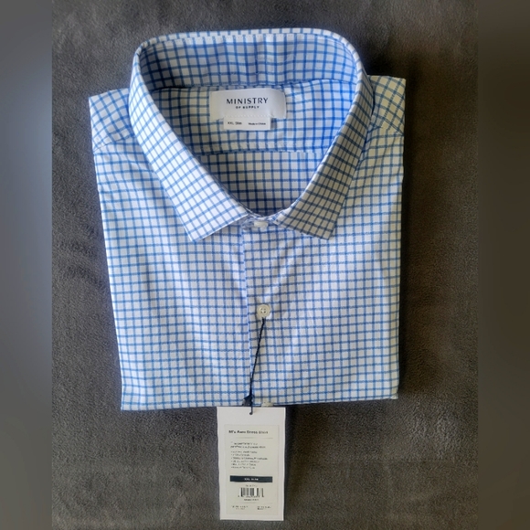 Ministry of Supply Other - Ministry of Supply Men’s Aero Dress Shirt XXL Slim Blue Plaid Button Front NWT